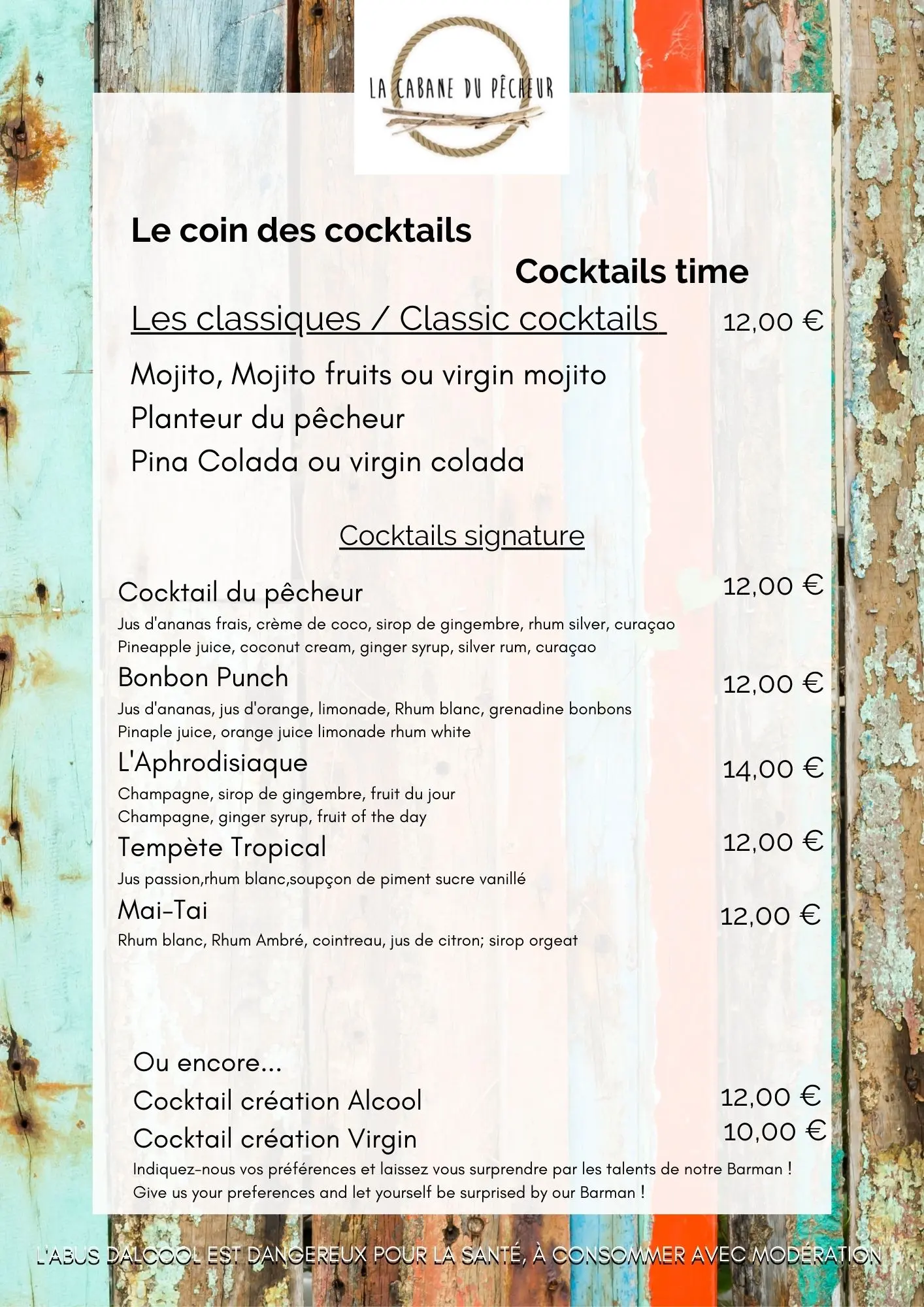 Carte des cocktails classiques