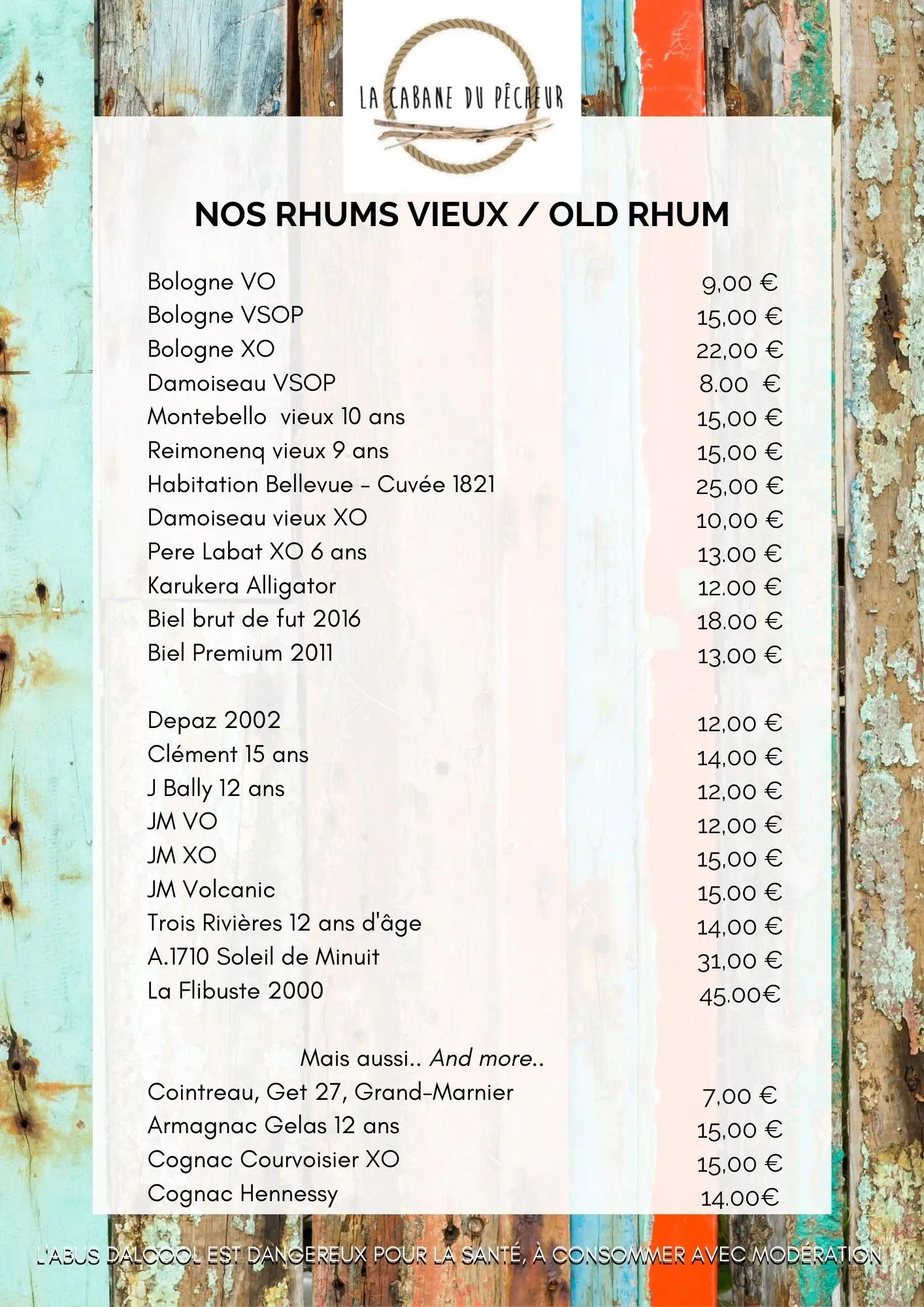 Carte des bières et sodas